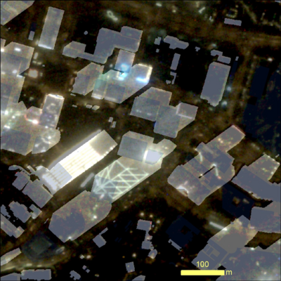 Figure 4 (Left) High resolution (spatial resolution around 1m) image of Central captured by Jilin-1 satellite overlaid with the footprint (yellow polygons) of individual buildings and structures recorded in the CDSI Portal. (Right) Light emitted by each building in the analysis had been conducted with the height of buildings from the CDSI Portal included (white polygons). Image credit: Hong Kong Light Pollution Research Project Team, HKU.
